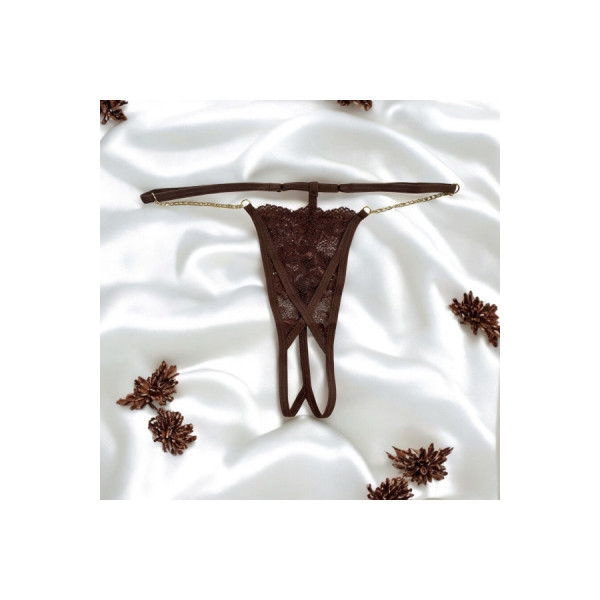 String en dentelle marron ouvert avec chaînes dorées 
